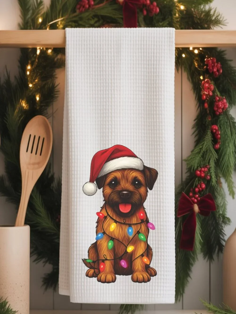 Border Terrier Christmas Lights Decorative Kitchen Tea Towel